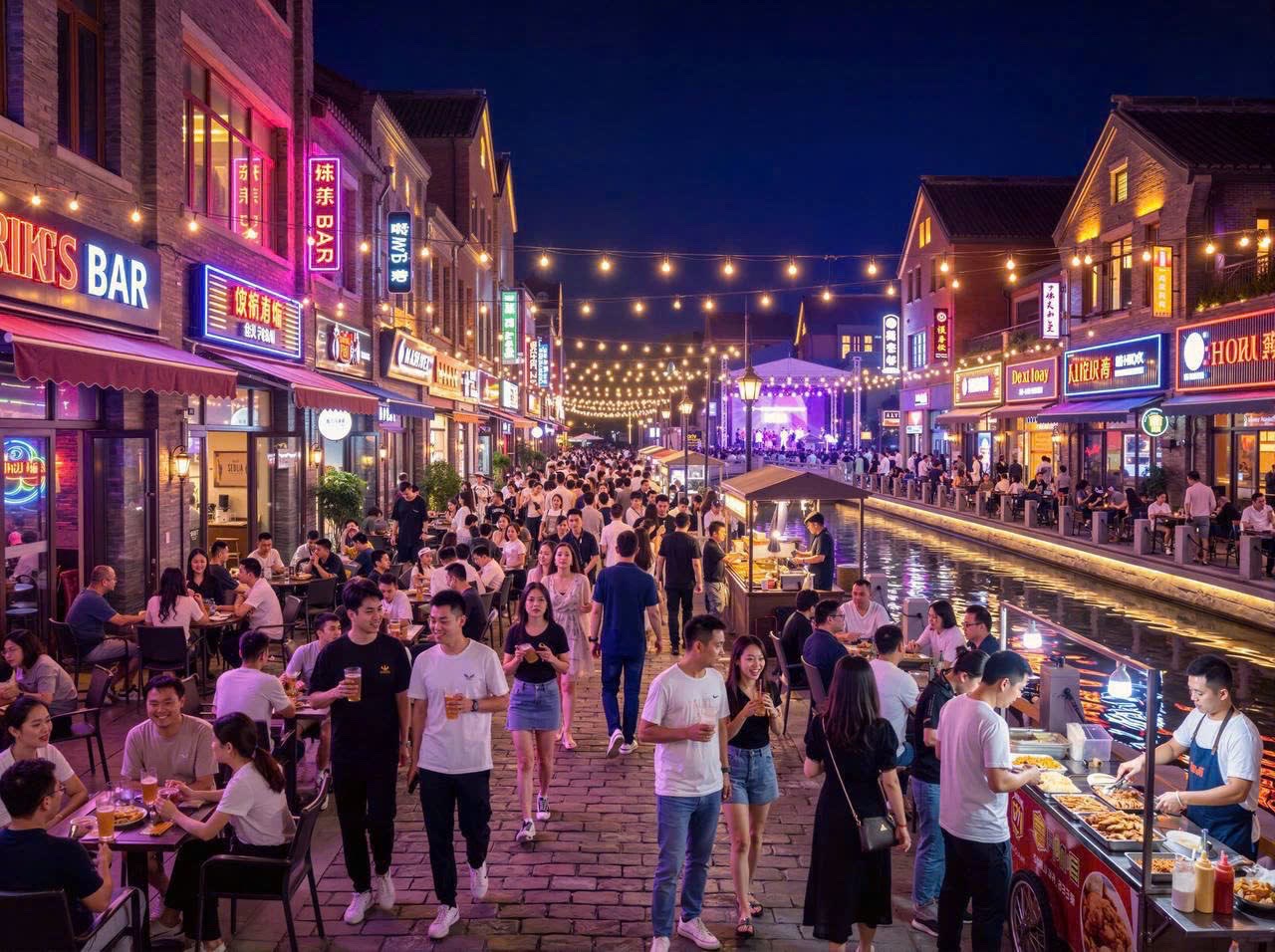 Phối cảnh phố ẩm thực về đêm ở Vinhomes Saigon Park, hai dãy nhà phố đèn lồng và dòng người đông đúc dạo phố