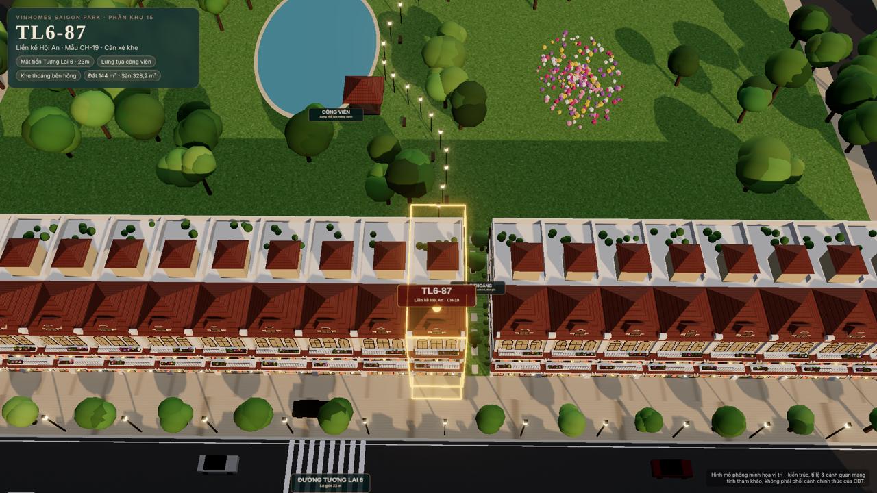 Hình mô phỏng 3D nhìn từ trên cao căn TL6-87 Vinhomes Saigon Park, mặt trước là đường Tương Lai 6, phía sau là công viên có hồ nước và nhiều cây xanh